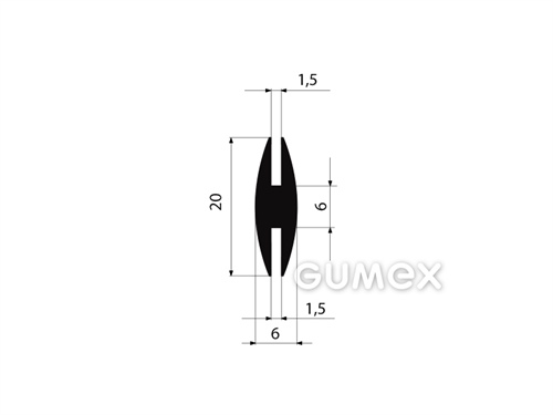 Pryžový profil tvaru "H", 20x6/1,5/1,5mm, 70°ShA, EPDM, -40°C/+70°C, černý